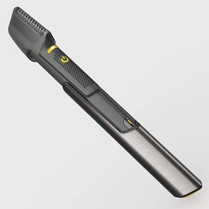 EasyTrim Pro extended on a telescopic metal handle, with the angled toothed head and a yellow-ringed power button
