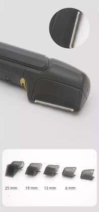 Close-up of the EasyTrim Pro blade and four grey guard combs marked 25 mm, 19 mm, 13 mm and 6 mm plus a guard cover