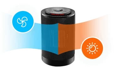 EcoHeat S heater between blue fan and orange heat icons, illustrating the Dual Hot and Cool Fan Mode add-on