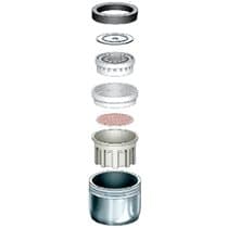 Exploded view of a tap aerator's rings, mesh and housing, offered as the EcoTouch Aerator Water Saving Technology add-on