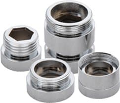 Four chrome threaded tap adapters of different sizes, offered as the EcoTouch 4 Universal Faucet Adapters add-on