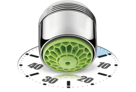 EcoTouch chrome tap adapter with green push button set over a clock-style dial marked 10, 20, 30 and 40