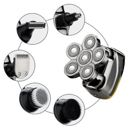 ElectricShaver Pro six-head shaver surrounded by attachments: a nose trimmer, a detail trimmer, a hair clipper, a soft brush and a cleansing brush