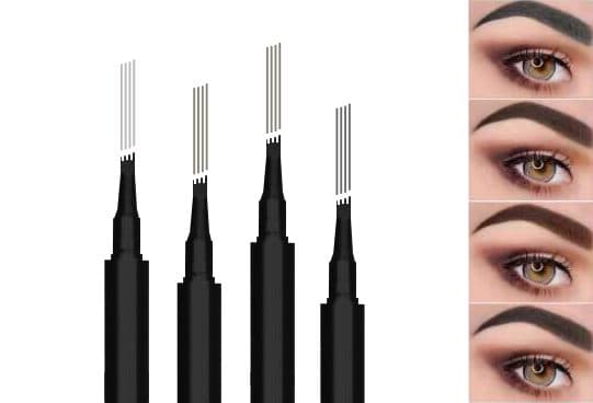 Four black brow pens with four-pronged tips each drawing four fine lines, beside four photos of filled-in eyebrows