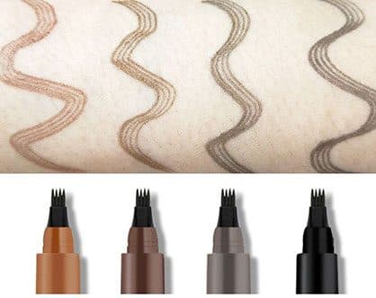 Four wavy brow tint swatches on skin in light brown, brown, grey and dark grey above four forked pen tips