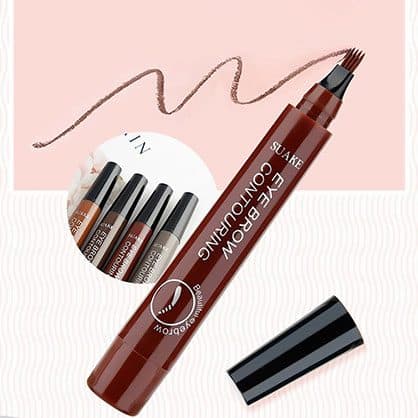 Red-brown brow pen labelled Suake Eye Brow Contouring with its cap off, drawing a wavy line, with an inset of four pens, used for the extra juice add-on
