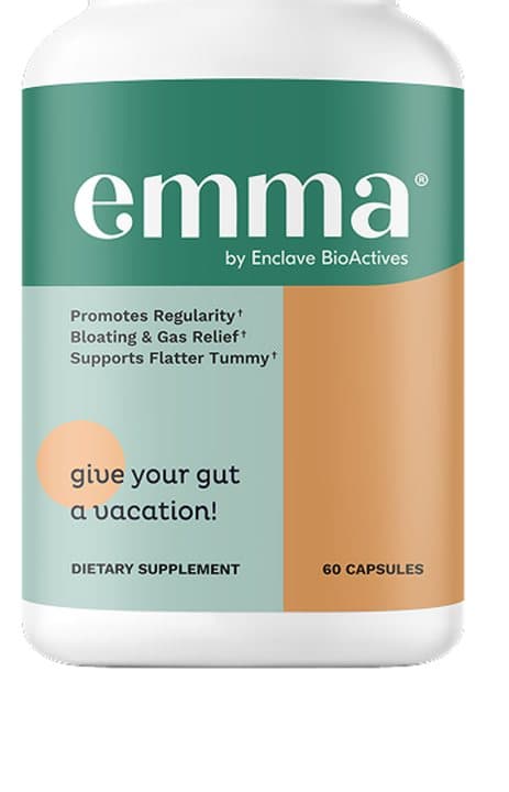 Close-up of the Emma supplement label listing promotes regularity, bloating and gas relief and 60 capsules