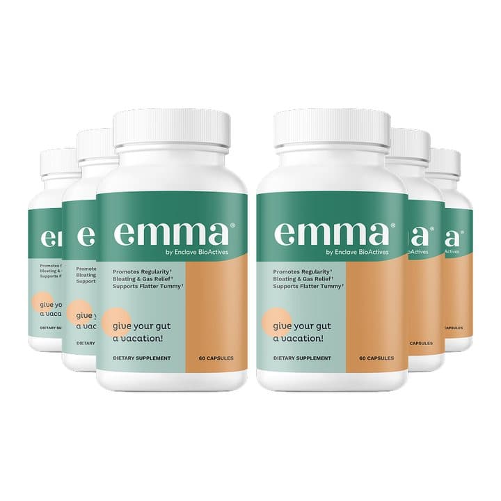 Six bottles of Emma digestive supplement arranged in two rows