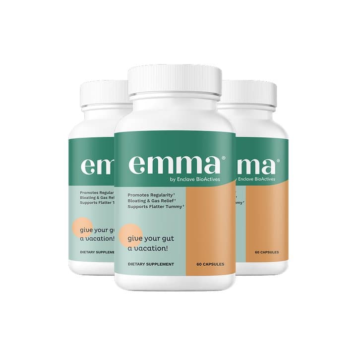 Three bottles of Emma digestive supplement grouped together