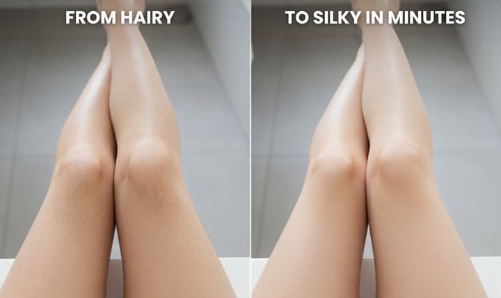 Side-by-side photos of legs labelled from hairy to silky in minutes, from the Erasilk offer page
