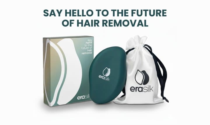 Erasilk hair eraser beside its box and a white drawstring storage pouch