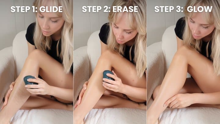 Three photos showing a woman gliding Erasilk over her leg in glide, erase and glow steps