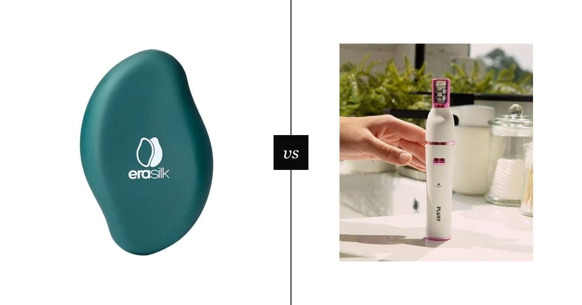 A teal Erasilk crystal hair eraser on the left and a white Pluxy Epil Pro facial epilator on a bathroom counter on the right, split by a vs marker