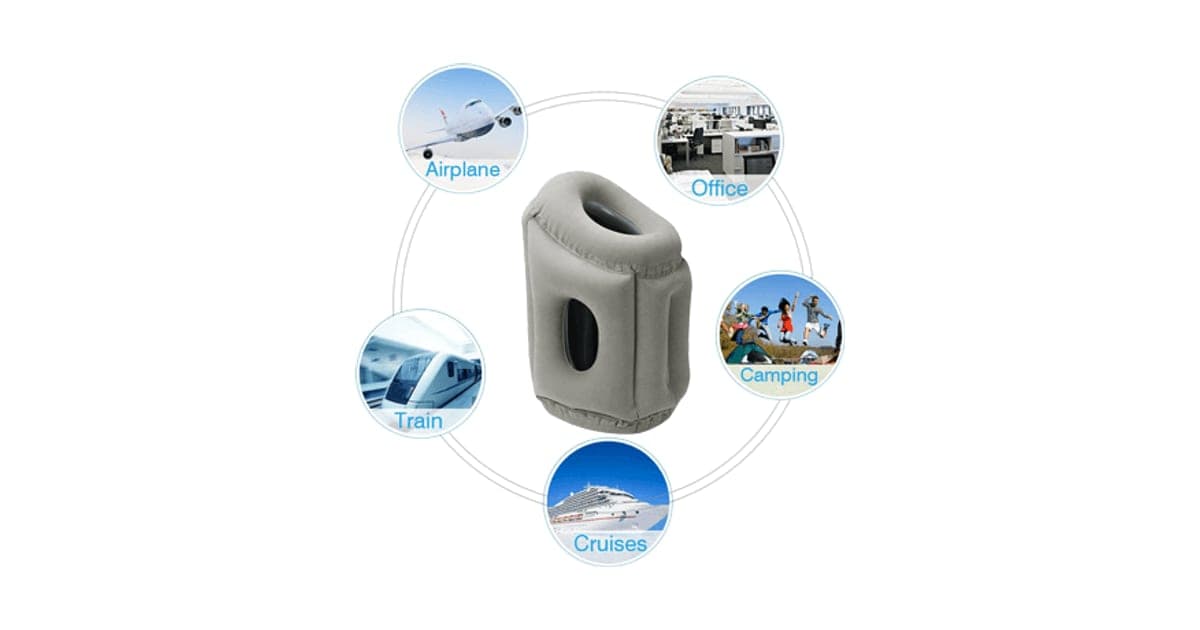 Grey inflatable ErgoRelax travel pillow with a curved top and side holes, surrounded by icons for airplane, office, camping, cruise and train