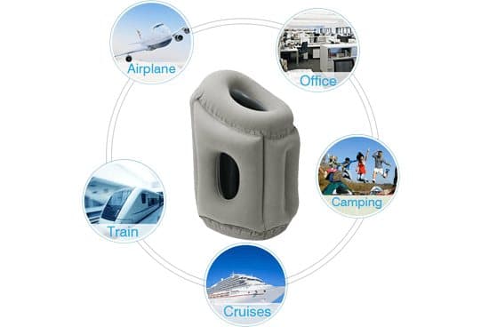 Grey ErgoRelax inflatable pillow in the centre of a circle of icons for airplane, office, camping, cruises and train