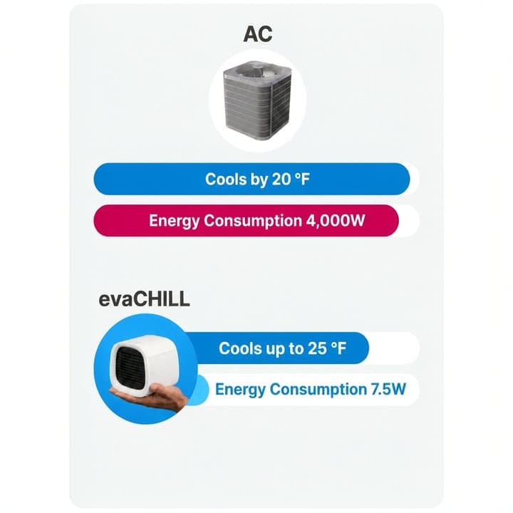 Offer page graphic comparing an AC cooling by 20°F at 4,000 W with evaCHILL cooling up to 25°F at 7.5 W