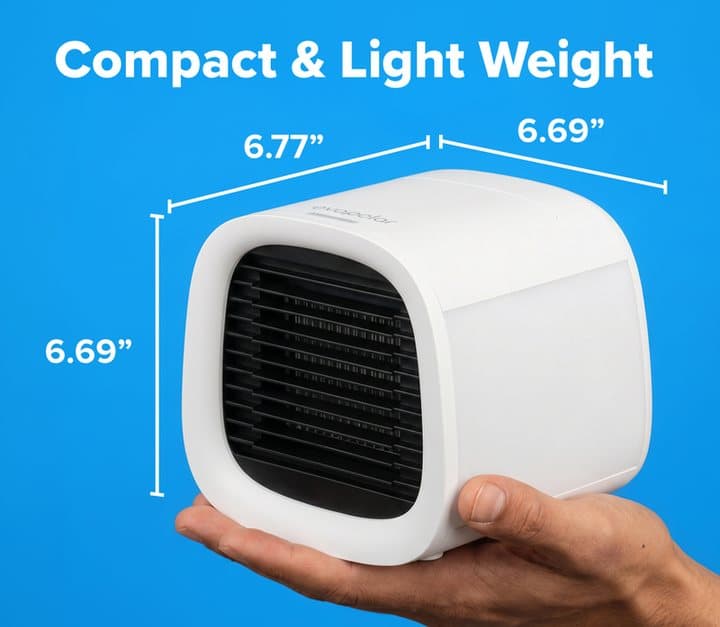 evaCHILL cooler held in one hand with labels showing 6.77, 6.69 and 6.69 inch dimensions