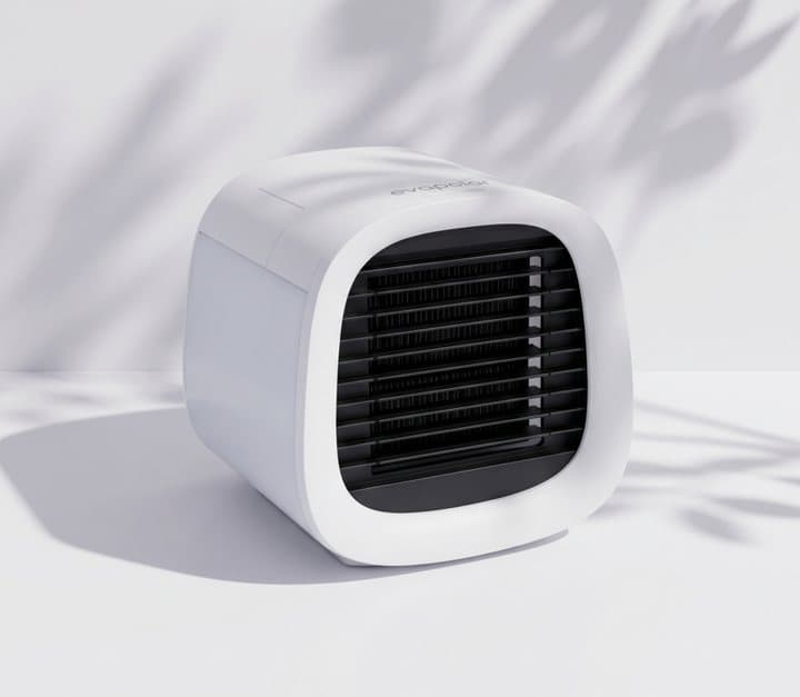 White evaCHILL cooler with its dark front louvres on a bright shelf