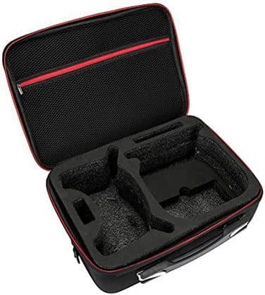 Black hard carry case with a red zip, open to show foam cut-outs for a foldable drone, remote and batteries