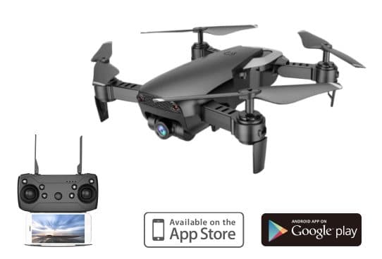 Explore AIR dark grey foldable quadcopter with a front camera, next to a black remote with two aerials and a phone showing a sky view, with app store badges