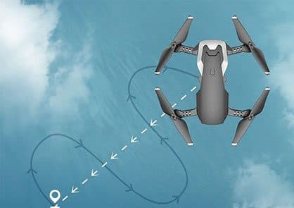 Top-down view of a grey drone over water with a dotted flight path looping in a figure of eight to a location pin, used for the optical flow camera add-on