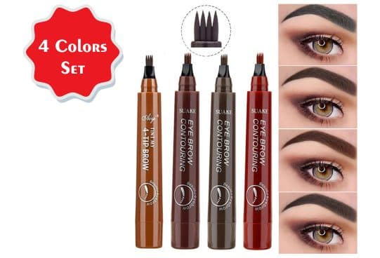 Four brow pens labelled Aiyi and Suake in tan, brown, grey and auburn, a close-up of the four-pronged tip, and four photos of shaped eyebrows