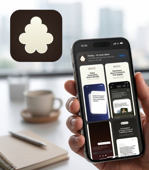 Hand holding a phone running the Fieldy app with transcripts and tasks