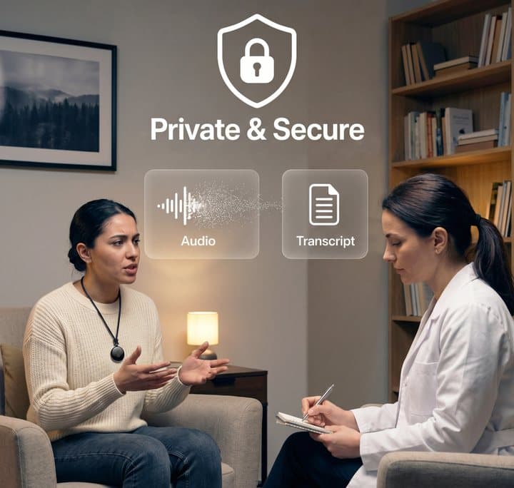 Clinician and patient talking, with a private and secure graphic showing audio converted to a transcript
