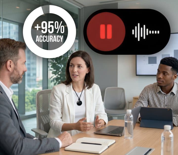Office meeting with a woman wearing a Fieldy pendant and a graphic claiming 95% accuracy