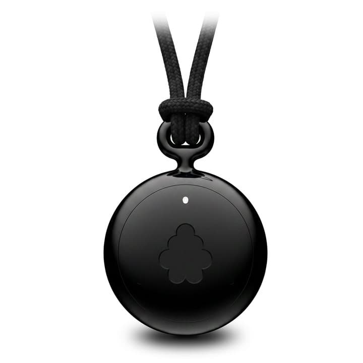 Round black Fieldy AI recording pod hanging from a black cord