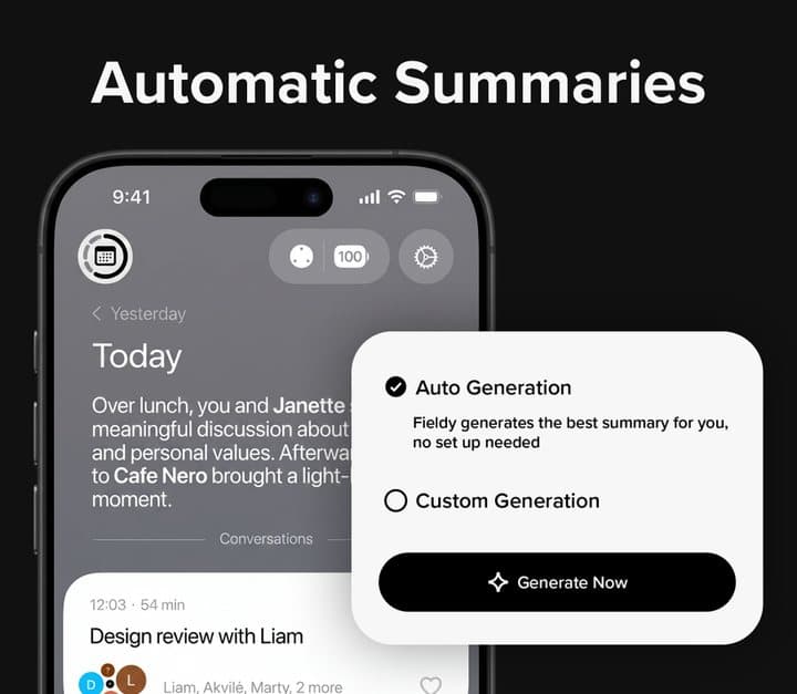 Fieldy app screen showing an automatic summary of a lunch conversation