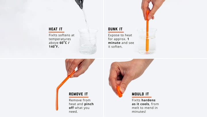 Four photos showing a FixIts stick heated in water, dunked, removed and moulded by hand