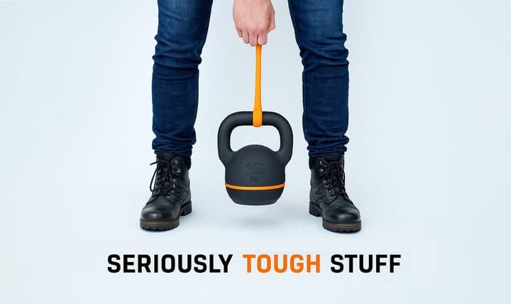 Person lifting a kettlebell by an orange FixIts loop, captioned seriously tough stuff