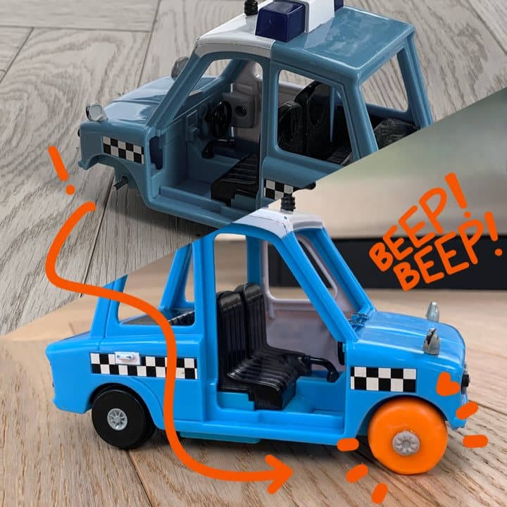 Blue toy police car shown before and after a missing wheel was rebuilt in orange FixIts