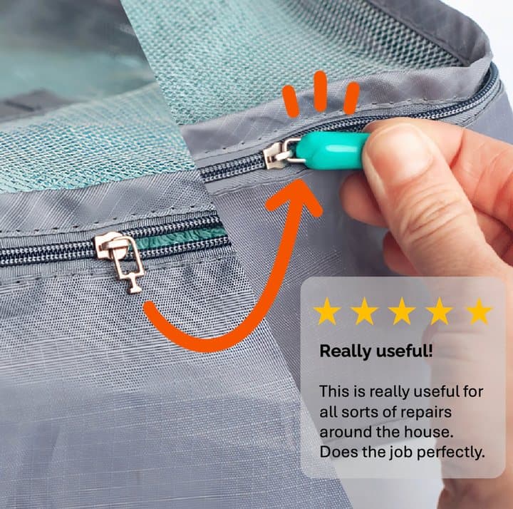 Teal FixIts zip pull moulded onto a bag zip, with a five-star customer quote