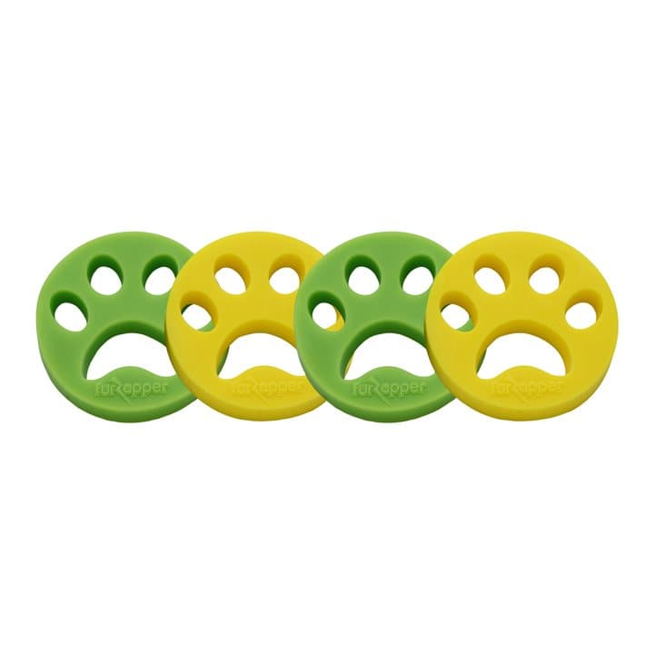 Four FurZapper discs, two green and two yellow, shaped like paw prints