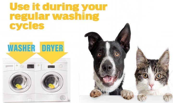 Graphic showing FurZapper used in both washer and dryer next to a dog and a cat