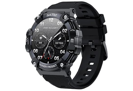 FX SmartWatch from the front, showing a PGD Smart watch face with heart rate and step sub-dials and a bezel printed SATM and Waer Resist