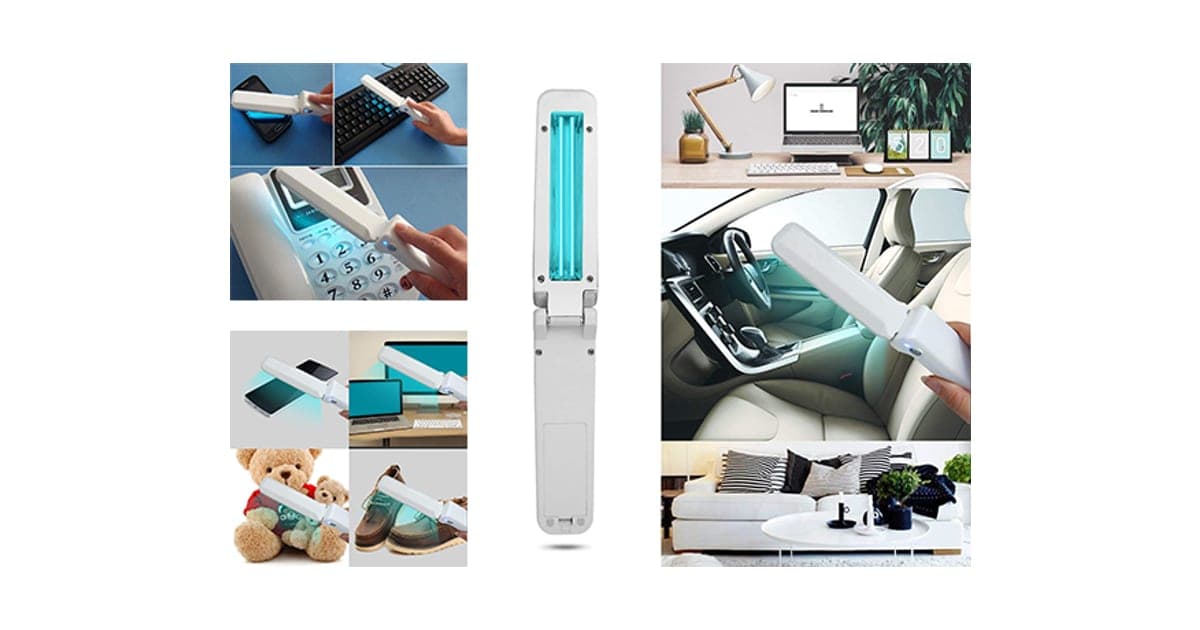 GermCide X white folding UV wand with a blue-lit lamp, shown being used on a keyboard, phone, teddy bear, shoes and a car seat