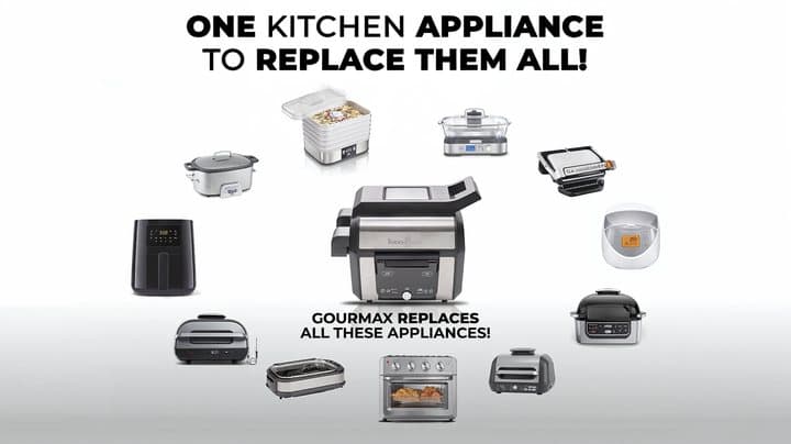 Graphic claiming one Gourmax Pro replaces an air fryer, slow cooker, griddle, grill and other appliances