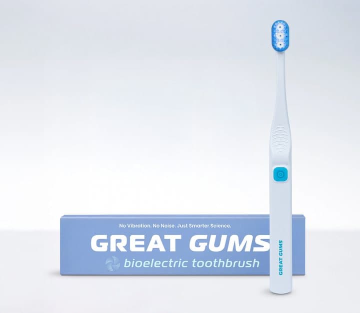 Great Gums bioelectric toothbrush standing upright next to its box