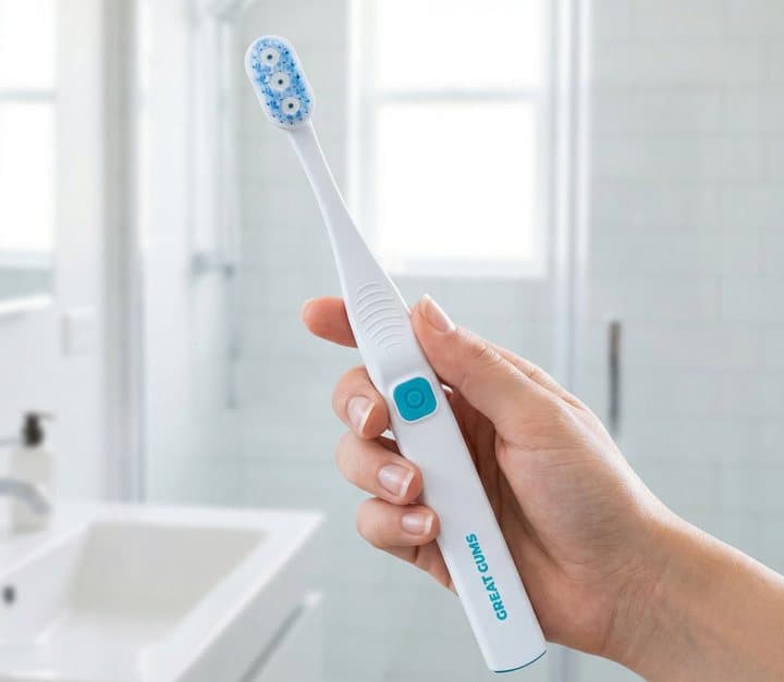 Hand holding a white and teal Great Gums toothbrush in a bathroom