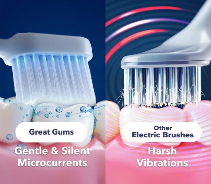 Graphic contrasting Great Gums gentle silent microcurrents with harsh vibrations of other electric brushes