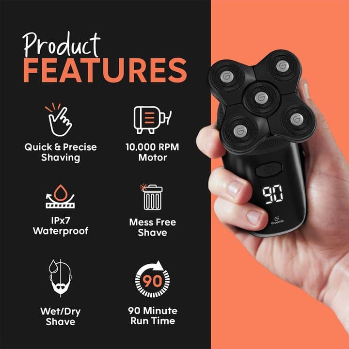 Groomie graphic listing quick shaving, 10,000 RPM motor, IPX7 waterproof, mess-free, wet or dry and 90-minute run time