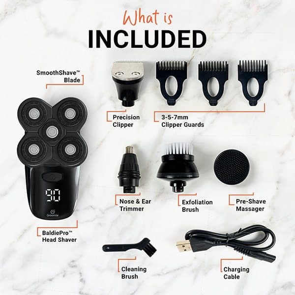 Diagram of the BaldiePro kit: shaver, SmoothShave blade, precision clipper, three clipper guards, nose trimmer, exfoliation brush, massager, cleaning brush and cable