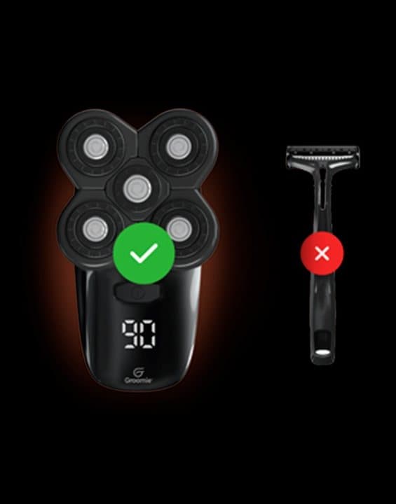 BaldiePro head shaver with a green tick next to a disposable razor with a red cross