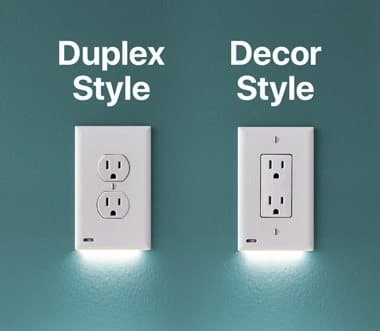 GuideLight in duplex style and Décor style side by side, both glowing from the bottom edge