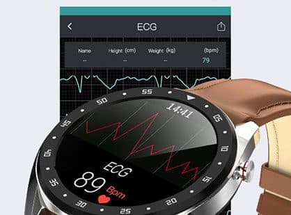 GX SmartWatch screen showing an ECG trace and 89 bpm, in front of a phone app screen headed ECG with a heart rhythm graph