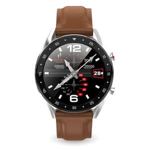 GX SmartWatch front view with a silver case, a black numbered bezel, a sporty analogue face showing 10000 and 20000 sub-dials and a brown leather strap