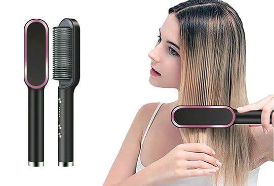 Two views of the black and pink HairStraight Pro, one showing the bristled heating comb and buttons, next to a woman brushing her long hair